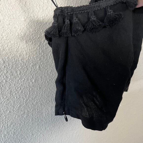 Lulus Line In The Sand Black One-Shoulder Tassel Crop Top Linen Blend Womens Med - Picture 4 of 7